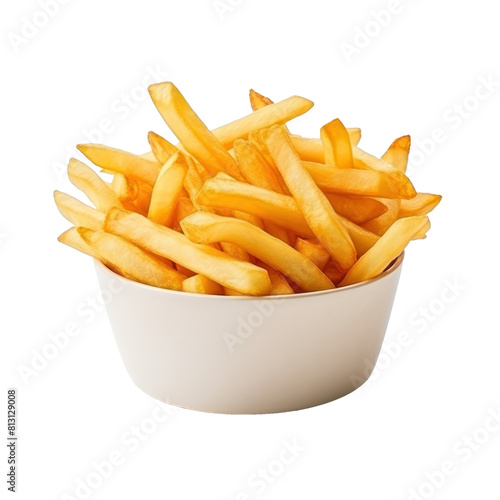 Bowl of Hot Golden French Fries. Crispy and Delicious Fast Food. Isolated on Background