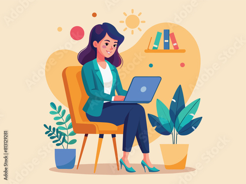 a woman using a laptop surrounded by business icons, minimal style flat cartoon colored vector illustration