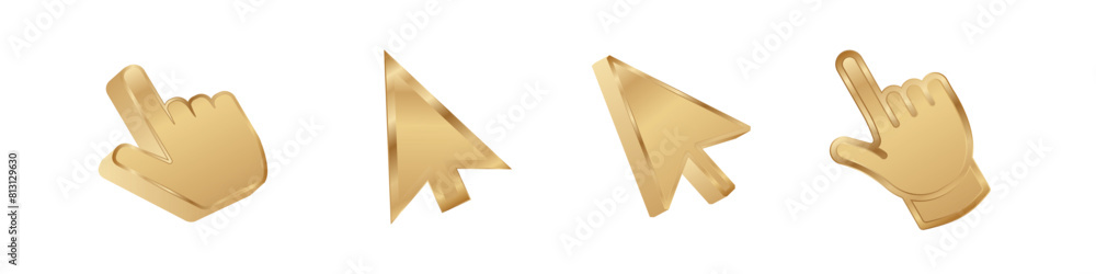 Click cursor 3d gold icon. Computer mouse pointer vector golden arrow