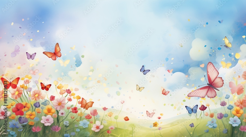 Artistic Illustration of a Peaceful Flower Field with Colorful Butterflies Against a Pastel Sky