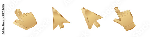 Click cursor 3d gold icon. Computer mouse pointer vector golden arrow