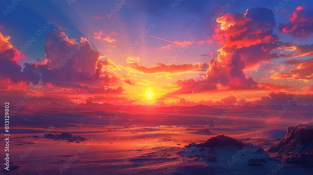 Fototapeta premium Render a breathtaking desert landscape bathed in the warm glow of a sunset. Utilize vibrant oranges, reds, and purples for the fiery sky, transitioning into a soft blue at the horizon