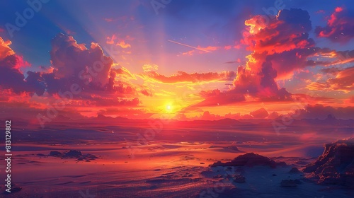 Render a breathtaking desert landscape bathed in the warm glow of a sunset. Utilize vibrant oranges, reds, and purples for the fiery sky, transitioning into a soft blue at the horizon © MyBackground