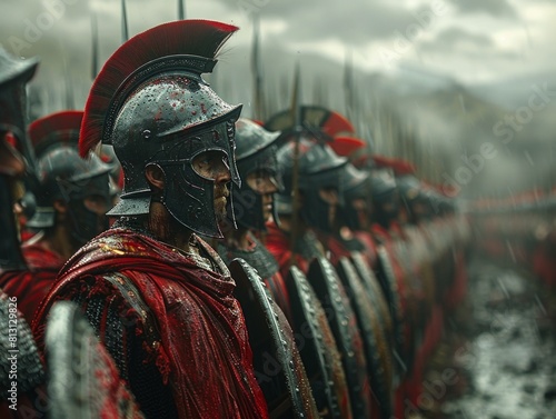 A legendary group of men, including King Leonidas and his 300 Spartans, stand proudly in armor next to each other, exuding strength and unity.