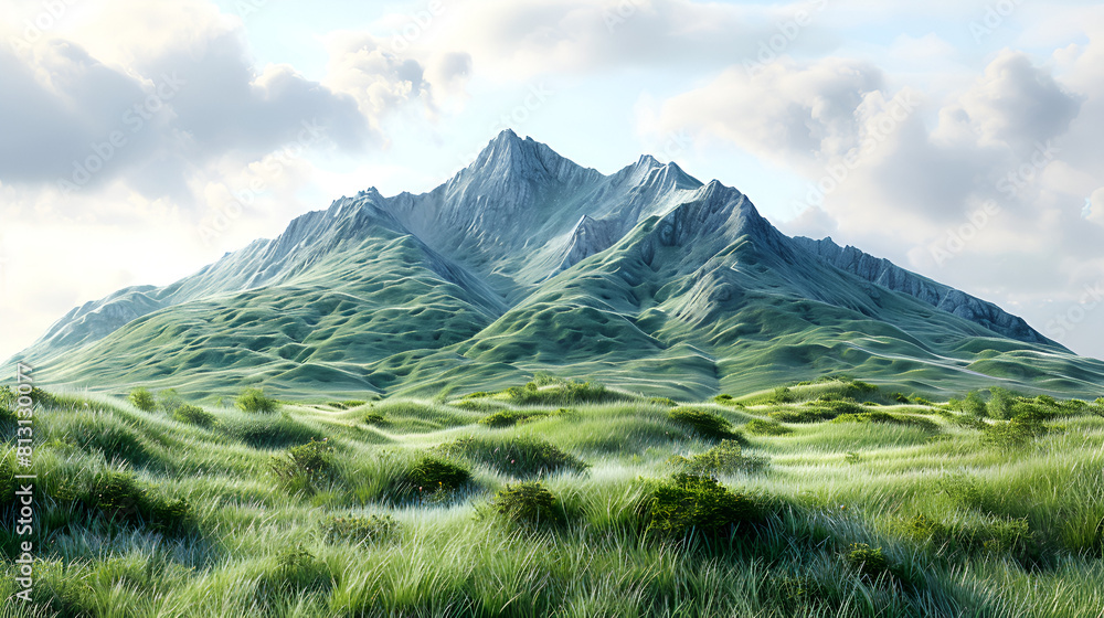 Meadow and Grassland Mountain Isolated on Transparent,
Natural mountainous with clouds and sky
