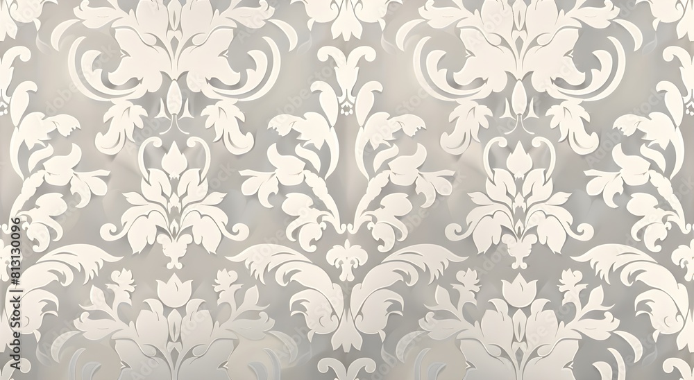 The seamless pattern features a white damask with a light gray and silver color palette on a white background. The image has high resolution, detail and quality in a high definition style Modern The seamless pattern features a white damask with a light gray and silver color palette on a white background. The image has high resolution, detail and quality in a high definition style Modern