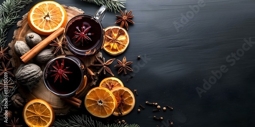 Mulled Wine Glass with Spices on Wooden Background. Concept Mulled Wine, Spices, Glass, Wooden Background