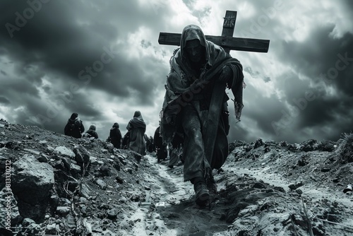 A man carrying a wooden cross diligently climbs a hill, reminiscent of the journey of Jesus Christ up Mount Calvary.