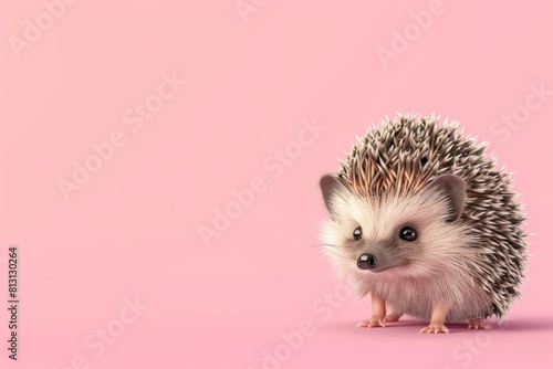 A cute little hedgehog is standing on a pink background with copy space photo