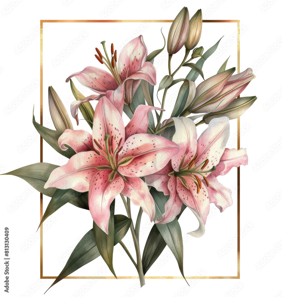 Watercolor Painting of Pink Lilies in Gold Frame Watercolor Painting of Pink Lilies in Gold Frame