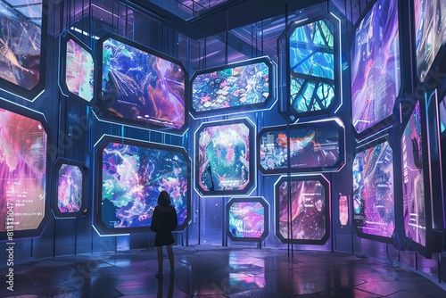 Person standing in a futuristic gallery with vibrant hexagonal displays photo