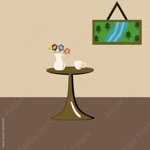 Brown wooden round coffee table, dinning table, magazines table.