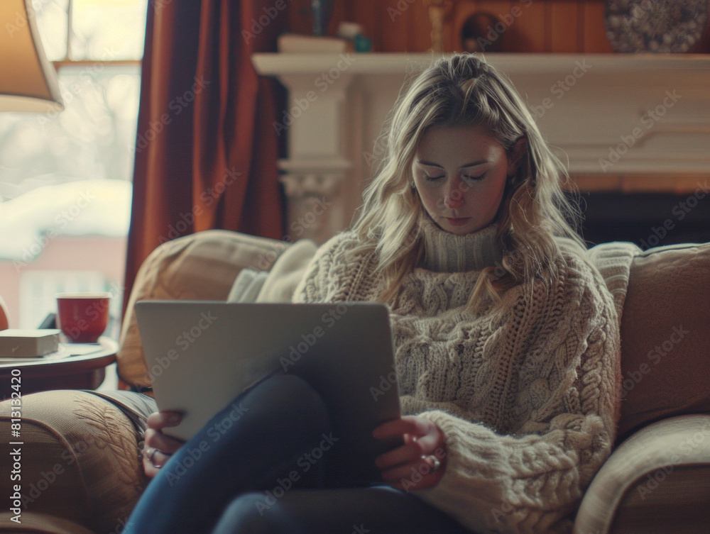 A woman sits on a plush couch engrossed in her laptop computer, her fingers dancing across the keys as she works and creates. A woman sits on a plush couch engrossed in her laptop computer, her fingers dancing across the keys as she works and creates.