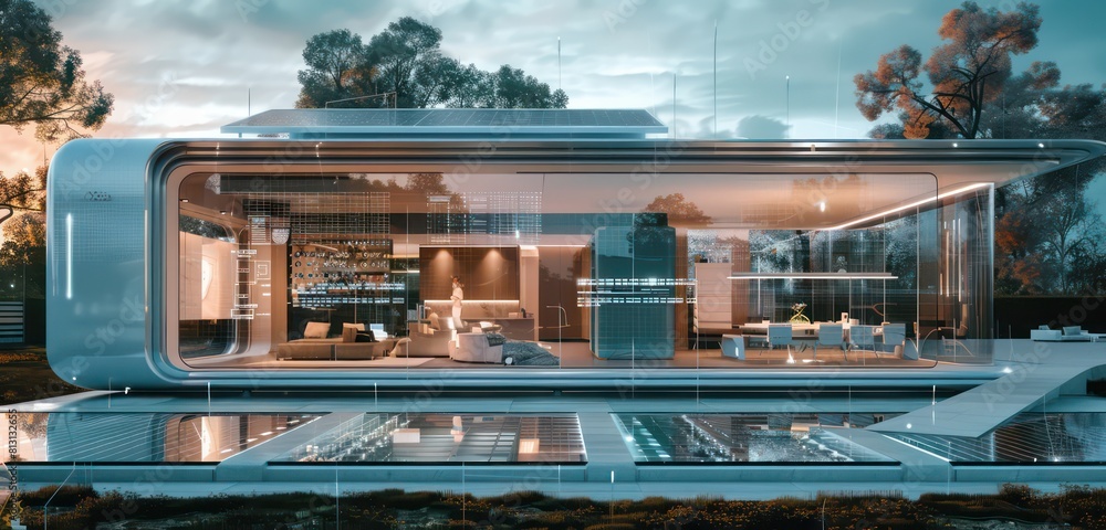smart home modern design, interactive glass walls and a rooftop solar array.