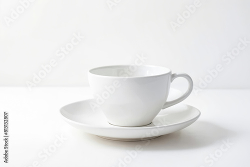 White cup and saucer on a white table