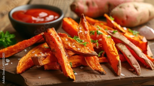 Baked sweet potato fries and ketchup. Whole sweet potatoes in the background.