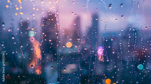 Rain-soaked window overlooking blurred cityscape at twilight  colorful urban background