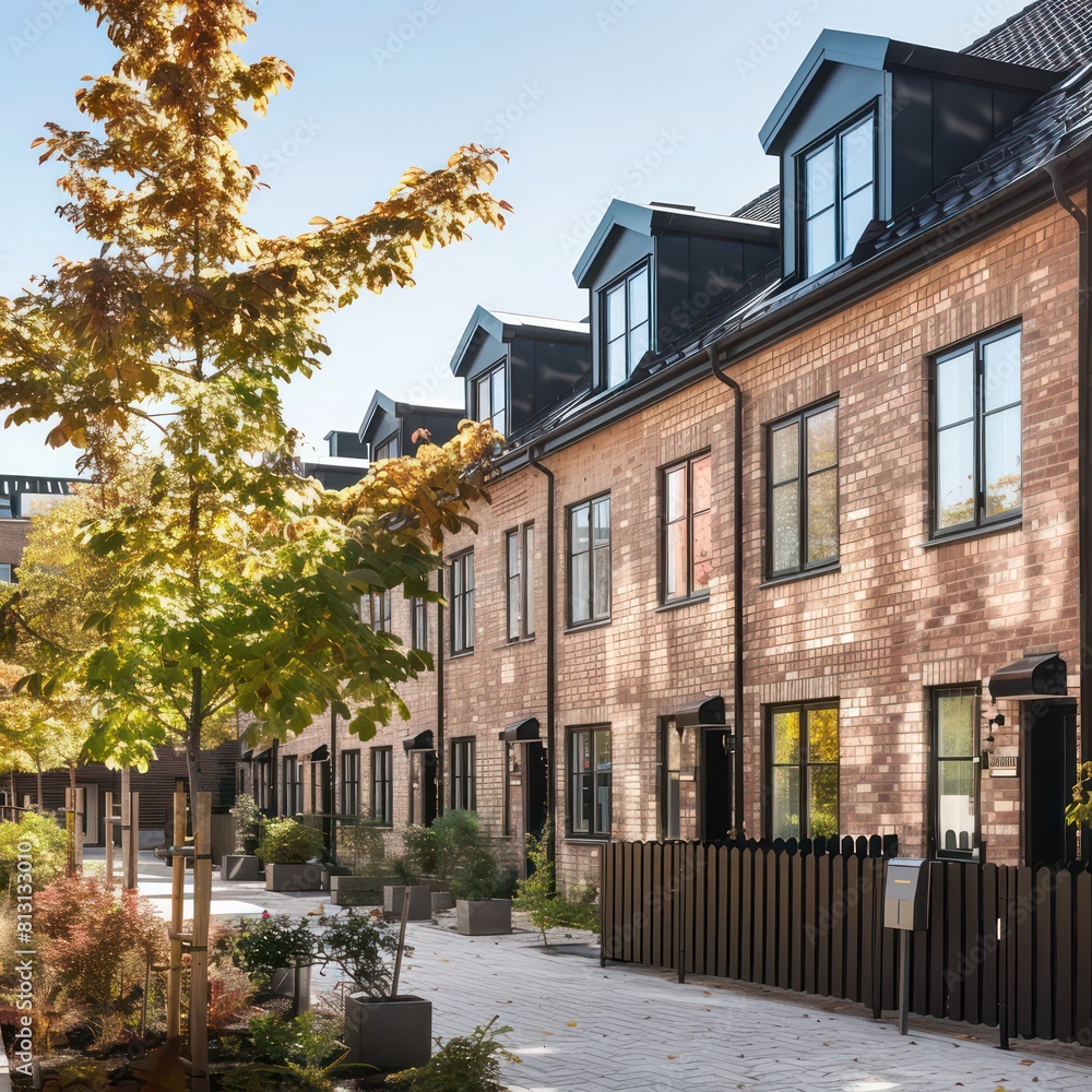 townhouse, architecture aligned in rows and embodying the principles of new urbanism, classic industrial brick facades streets have many trees
