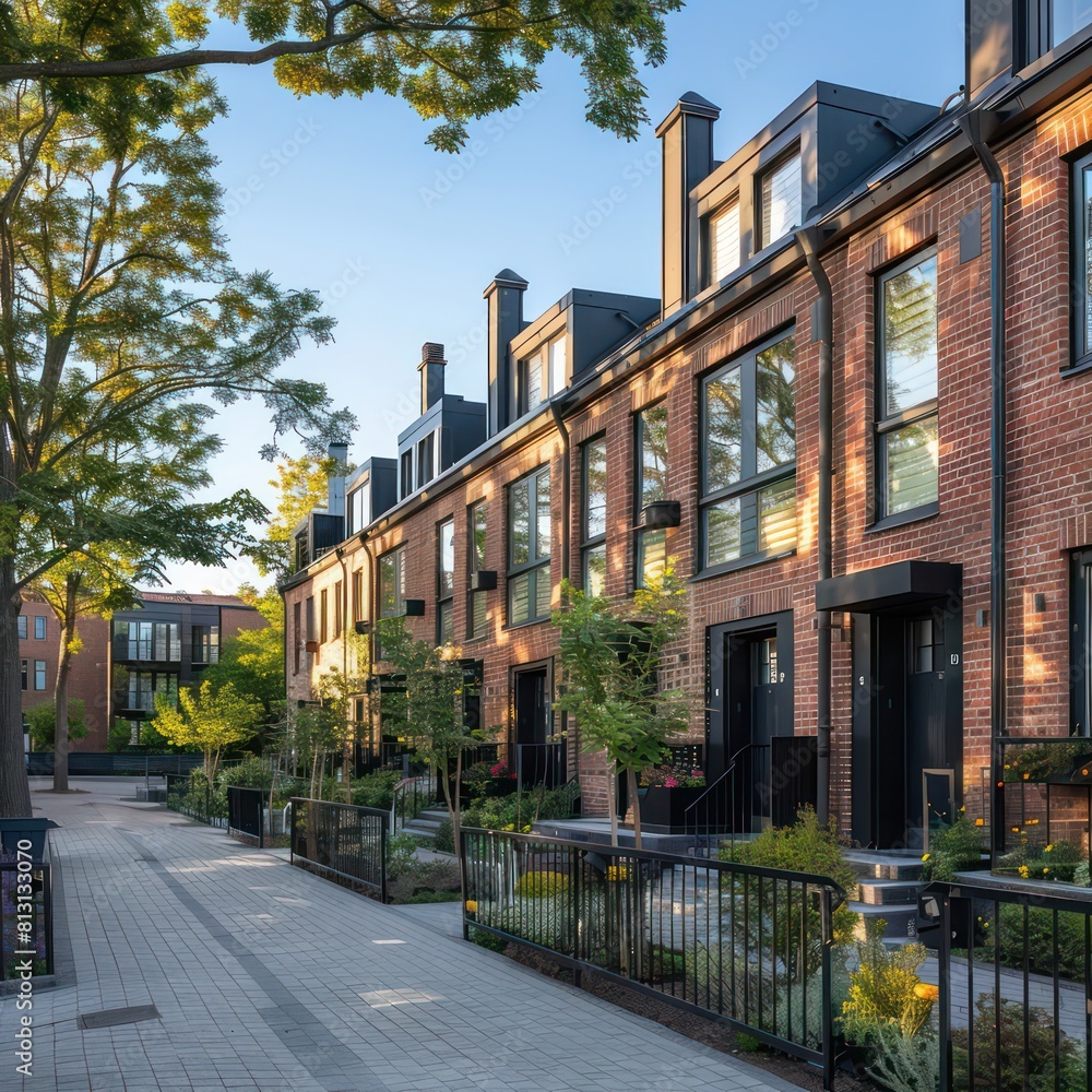 townhouse, architecture aligned in rows and embodying the principles of new urbanism, classic industrial brick facades streets have many trees