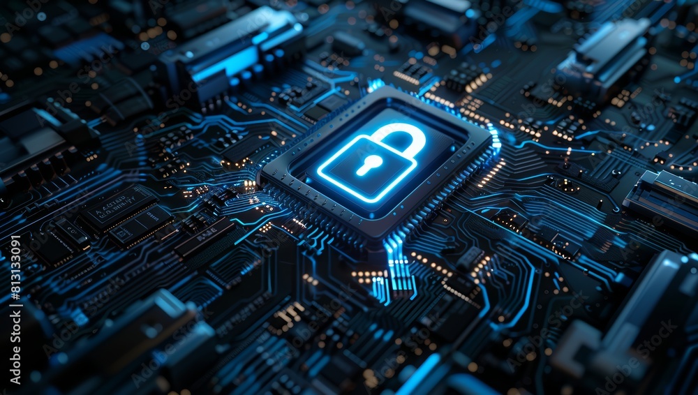 Digital blue lock symbol on a computer chip with a cyber security concept in the background, technology and internet safety or hacker protection for online data control and graphic Digital blue lock symbol on a computer chip with a cyber security concept in the background, technology and internet safety or hacker protection for online data control and graphic