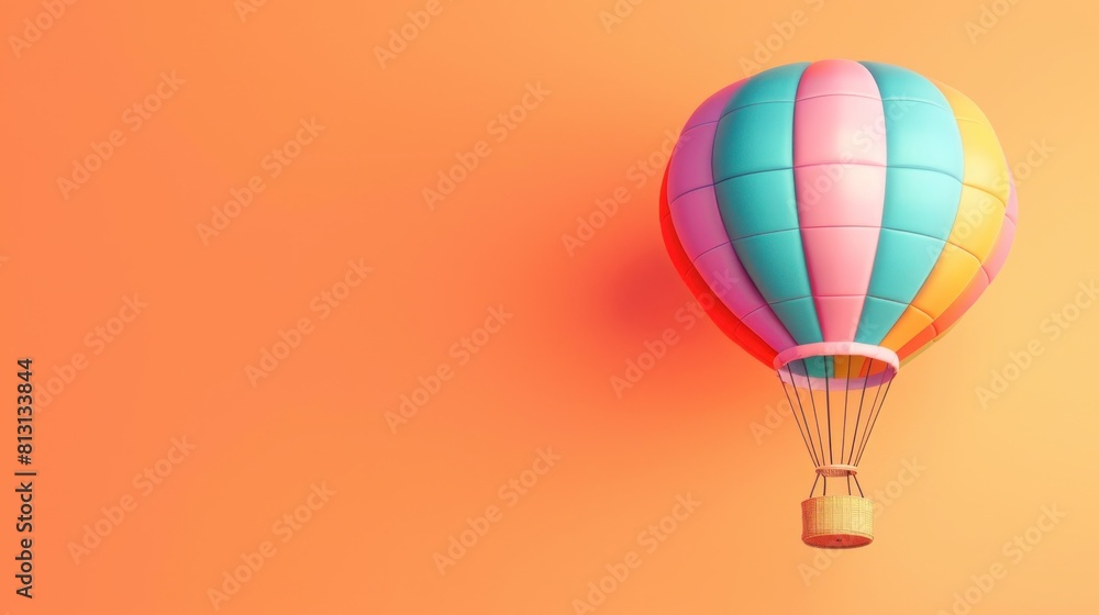 Fototapeta premium A colorful hot air balloon is floating in the air above a bright orange background. The balloon is the main focus of the image, and its vibrant colors create a sense of joy