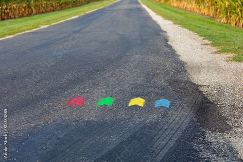 Directional arrows painted on road for cycling race. Bicycle riding, cycling competition and recreational sports concept.