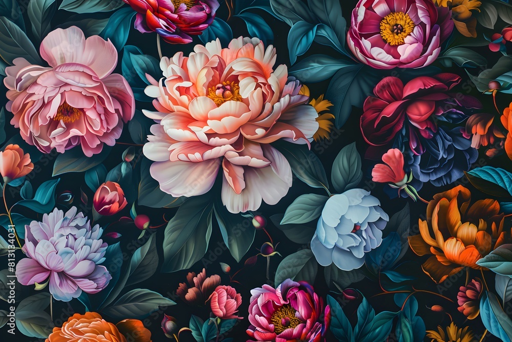 An intricate beautiful vintage floral wallpaper design with vibrant ...