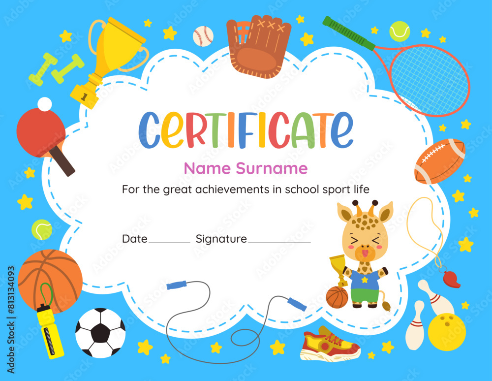 Cute certificate sports achievement recognition. Fun design template with kawaii cartoon animal and flat vector sport icons. Perfect for celebrating young athlete success in elementary school. Cute certificate sports achievement recognition. Fun design template with kawaii cartoon animal and flat vector sport icons. Perfect for celebrating young athlete success in elementary school.
