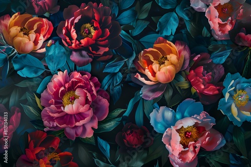 An intricate beautiful vintage floral wallpaper design with vibrant peonies, roses and other flowers in rich colors Detailed illustration with a dark background, features a symmetrical and elegant com