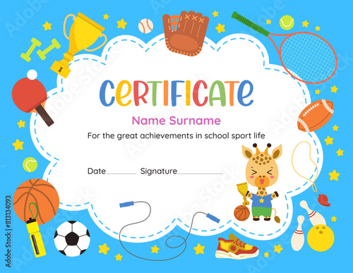 Cute certificate sports achievement recognition. Fun design template with kawaii cartoon animal and flat vector sport icons. Perfect for celebrating young athlete success in elementary school. © Cute Design
