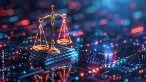 Digital scales of justice on cyber background, symbolizing the balance between law and technology in AI company's practices.