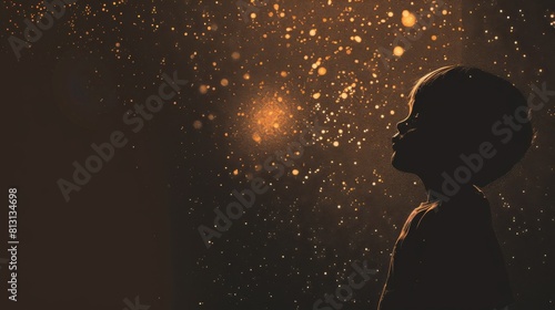 A child gazes up at a stunning starry sky in a silhouette