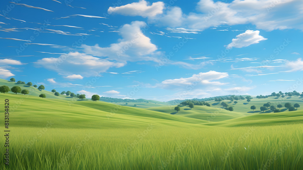 Rolling green hills under a clear blue sky, creating a picturesque and idyllic rural landscape