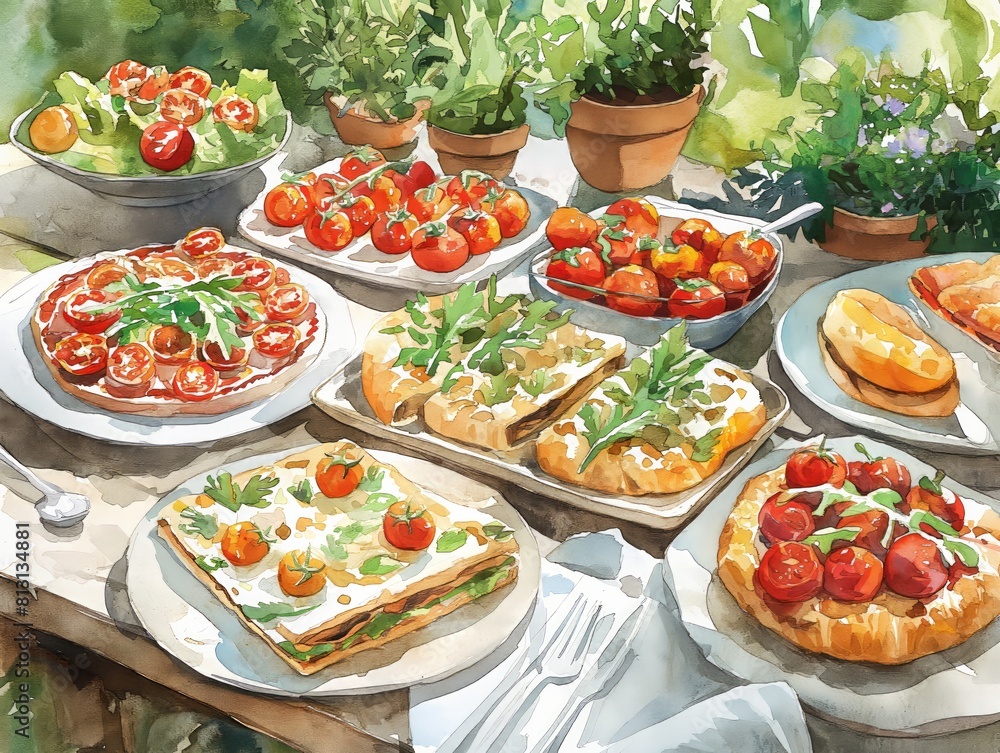 A table is covered with a variety of food, including pizza, sandwiches, and salads. The table is set for a gathering of friends or family, and the food is arranged in a way that is visually appealing