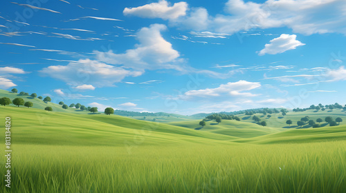 Rolling green hills under a clear blue sky  creating a picturesque and idyllic rural landscape