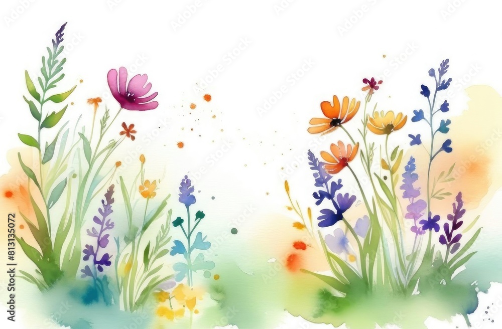 Spring wildflowers. Watercolor background.
