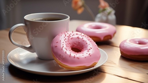 Colorful and delicious donut and coffee spread with flowers
