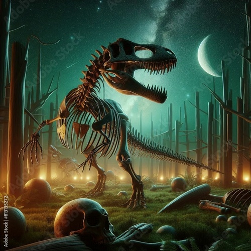 A dinosaur skeleton stands tall in a forest, a relic of the past.Generative AI