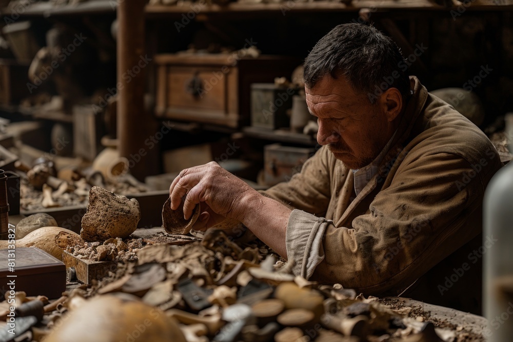 A man skillfully carves intricate designs into a piece of wood, focusing intently on his work. A man skillfully carves intricate designs into a piece of wood, focusing intently on his work.