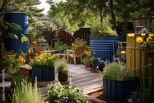 Tranquil backyard garden with upcycled blue containers and wooden furniture.