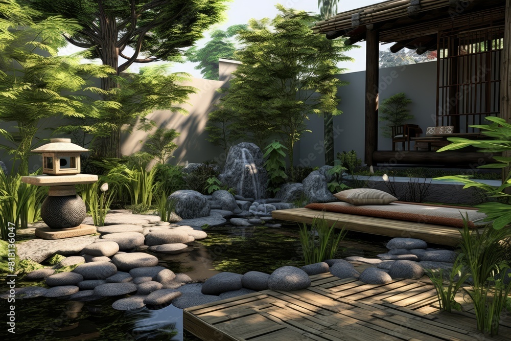 Tranquil Japanese garden with a stone path, waterfall, and wooden deck. Tranquil Japanese garden with a stone path, waterfall, and wooden deck.