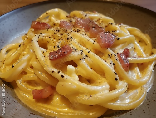 A plate of pasta with bacon and cheese. The dish is creamy and rich, with a hint of saltiness from the bacon. The pasta is long and thin, and the cheese is melted and bubbly