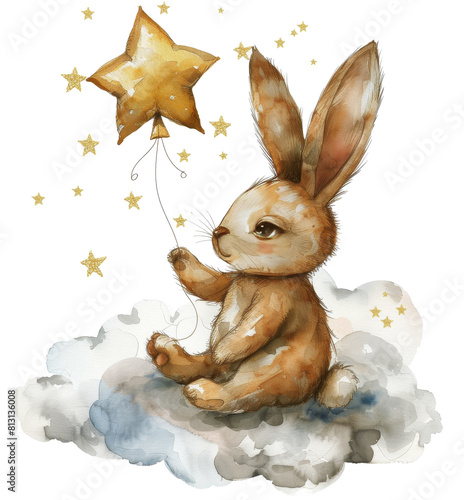 Bunny Holding Balloon Watercolor Painting