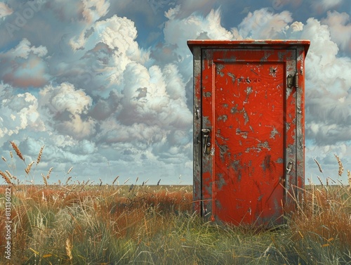 A vibrant red door stands alone in a vast field of golden wheat, exuding mystery and intrigue in its solitary presence.