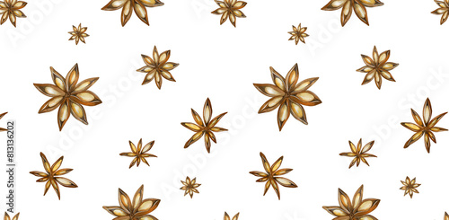 Seamless Pattern with Anise Star. Watercolor Illustration White Background. For Menus, Cookbooks, Recipes, Cafe Business Cards, Packaging, Kitchen Textiles.