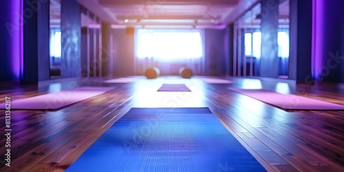 Empty yoga studio with a wooden floor and a yoga mat. Concept Yoga Studio, Wooden Floor, Yoga Mat, Empty Space