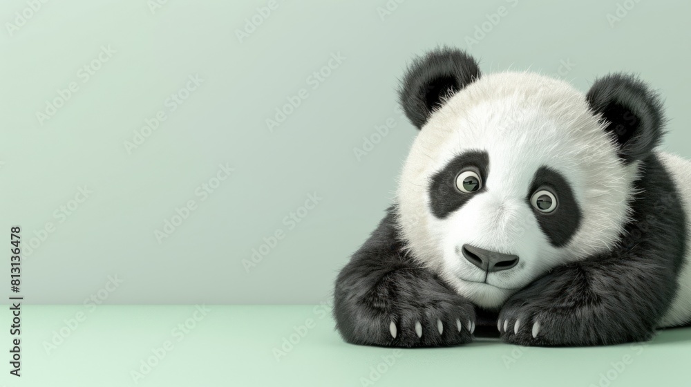 A cartoon panda bear is laying down on a green background with copy space A cartoon panda bear is laying down on a green background with copy space