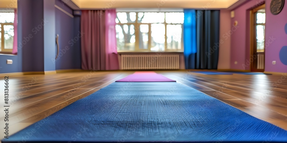 Fototapeta premium Serene Yoga Studio with a Wooden Floor and Yoga Mat. Concept Yoga Studio, Serene Environment, Wooden Floor, Yoga Mat, Relaxing Atmosphere