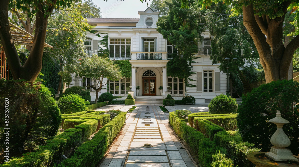 Beautiful mansion facade surrounded by greenery Beautiful mansion facade surrounded by greenery