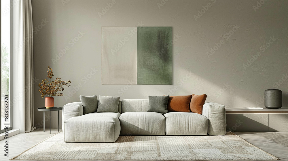 Light gray comfortable sofa against a light gray wall with artwork in light beige and green Light gray comfortable sofa against a light gray wall with artwork in light beige and green